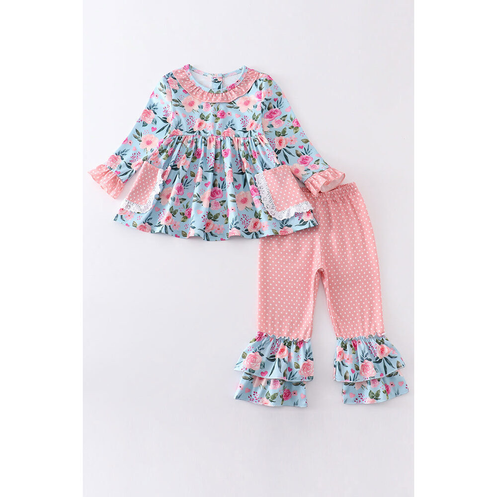 Pink floral print ruffle girl set